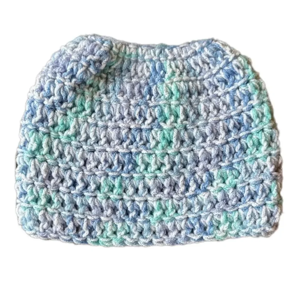 Ponytail hole crochet hat Silver tinsel pastel and white handmade acrylic